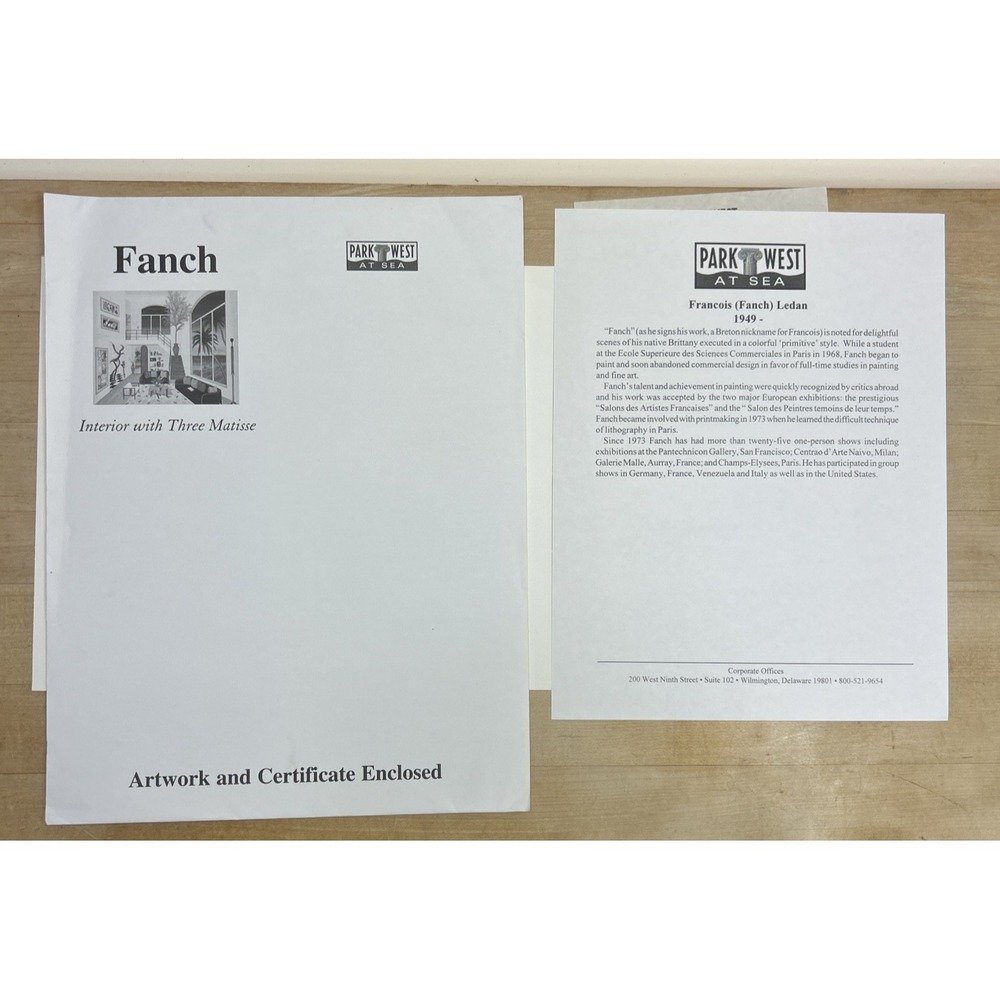 Francois "FANCH" Ledan b. SIGNED Lithograph W/COA INTERIOR W/THREE MATISSE